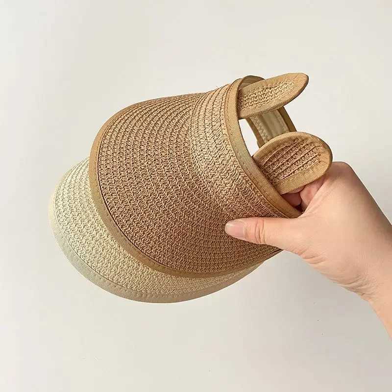Caps Hats Cute bear ears empty top hat baby straw hat childrens long Brim sunshade childrens adjustable summer beach hat boys and girls props H241223
