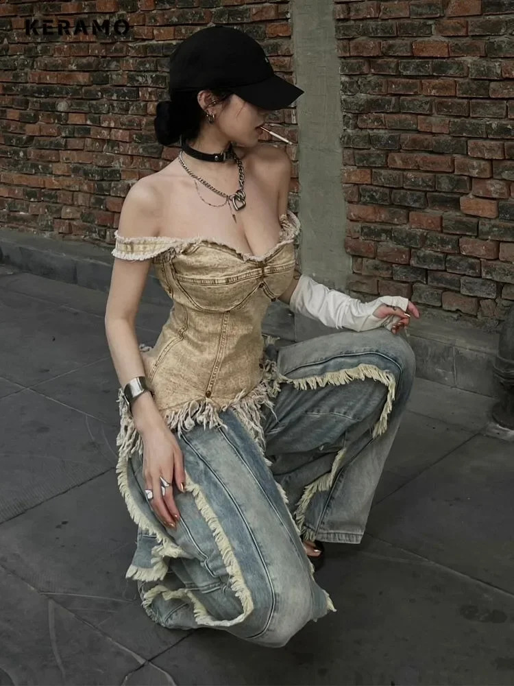 Womens Washed Y2K Baggy Japanese 2000s Denim Trouser Vintage Casual Tassels Pants Female Street Trashy Retro High Waist Jeans 241223