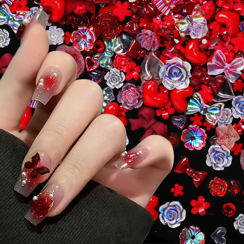 100Pcs 3D Colorful Mixed Nail Decorations Kawaii Resin Nail Charms Exqusite Bowknot Heart Flower Shaped Jewelry DIY Nail Accesso 241223