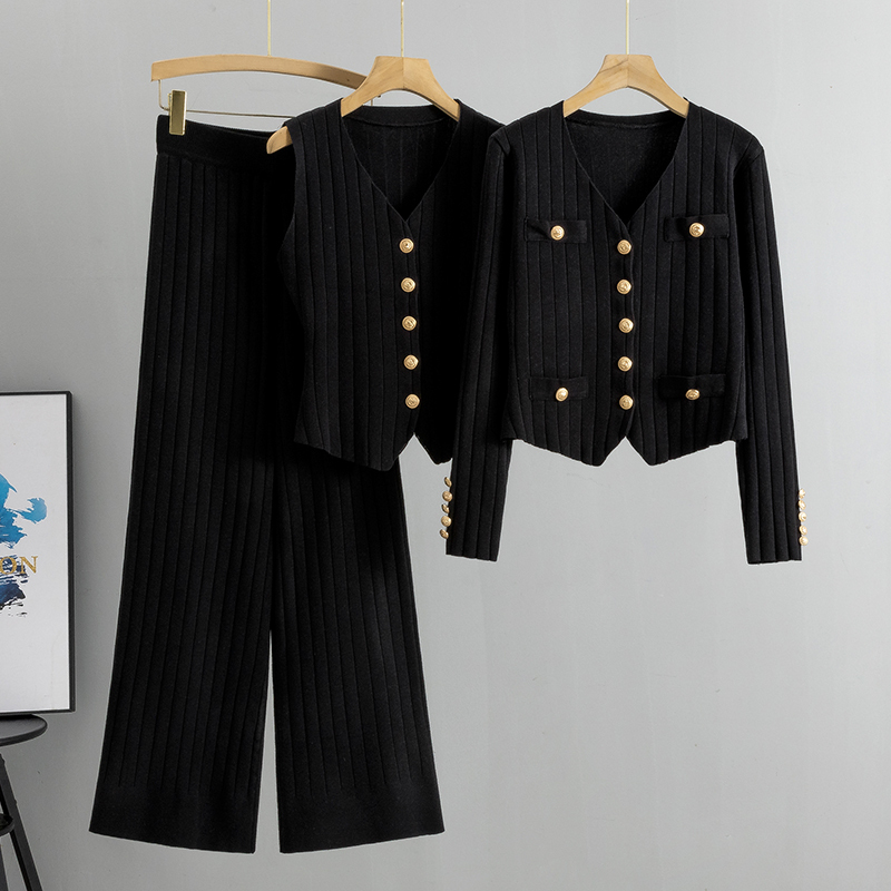 Women's Three Set Casual Sweater Sets Women 3 Piece Outfits Long Sleeve Striped Cardigan Top Wide Leg Pants