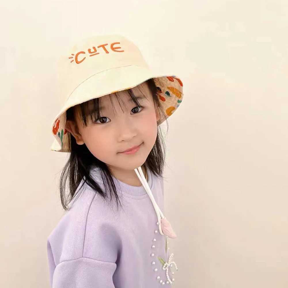 Caps Hats Double sided childrens bucket hat with cute letter string embroidered boy girl fisherman Panama summer outdoor sun cobra H241223