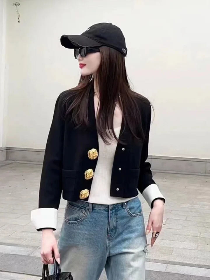 Women French Style Vintage Chic Elegant Button Knitted Cardigan Spring Autumn Black White V Neck Long Sleeve Sweater Coat 241220