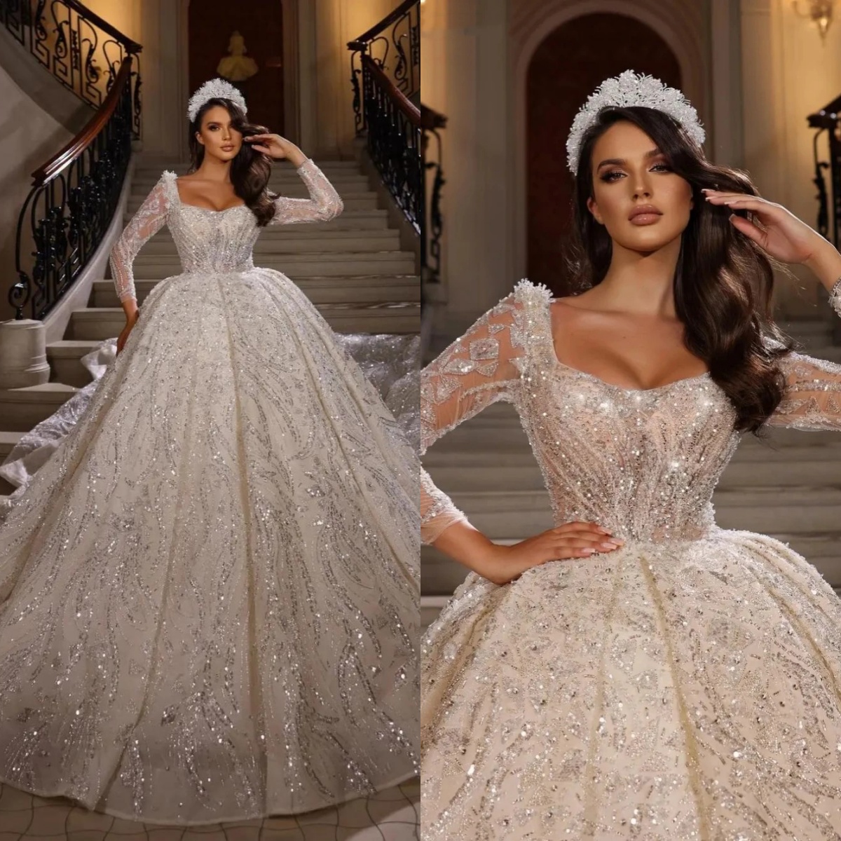 Exquisite Ball Women Wedding Dress Square Neck Long Sleeves Bridal Gown Sequins Appliques Sweep Train Dresses Customized Vestido De Novia