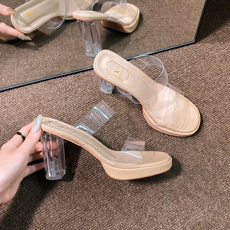 free shipping designer shoes Summer New One Word Transparent Strap Women's Large Square Head Thick High Heel Drag Sandals
