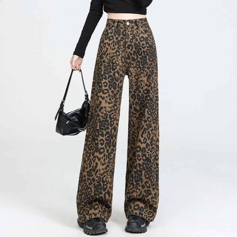 American Retro Women Leopard Jeans Baggy High Waist All Match Casual Button Up Denim Pants Female Fall Wide Leg 241218