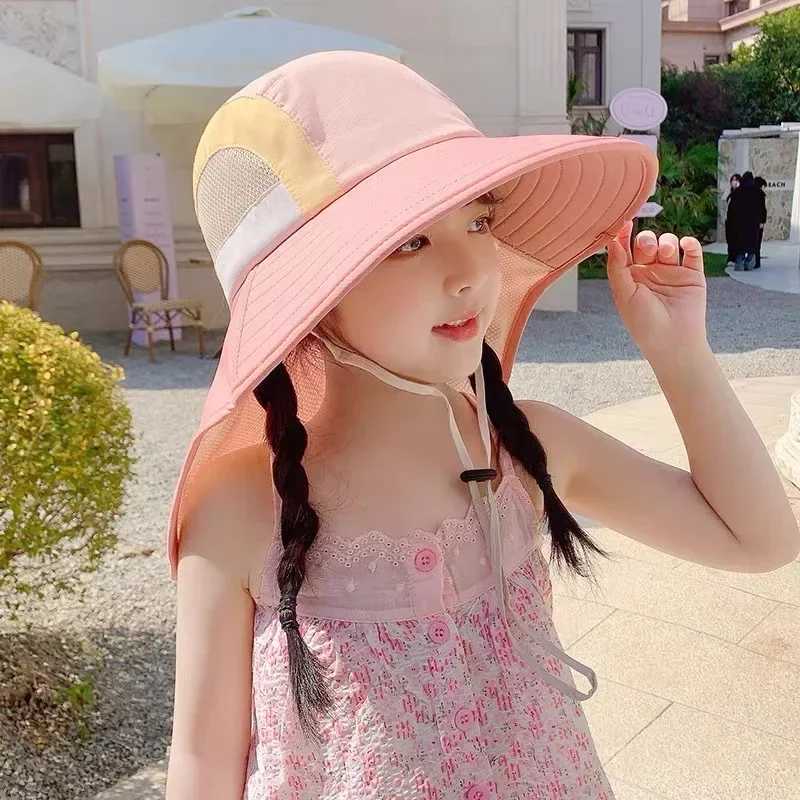 Caps Hats Summer baby sun hat with neck flaps UV protection strap wide brown beach hat childrens bucket hat boys and girls outdoor H241223