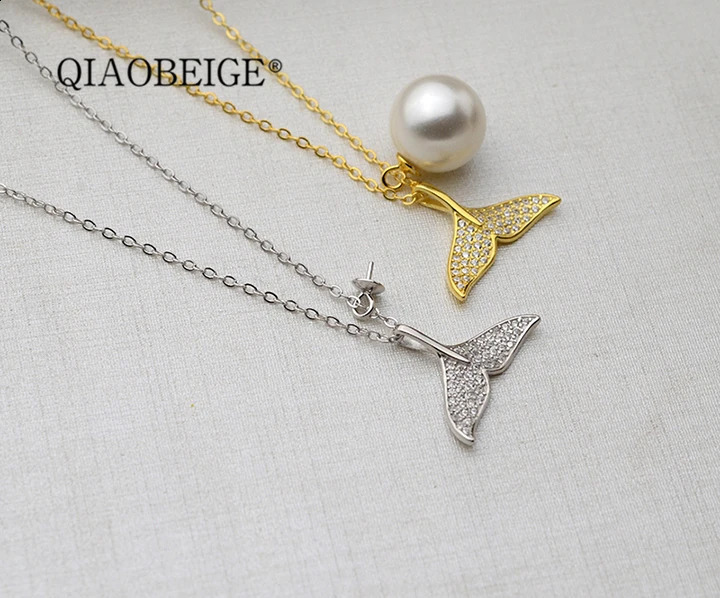 QIAOBEIGE Diy handmade s925 pure silver 8-14mm pearl empty support merman princess fish tail necklace chain accessories 241220