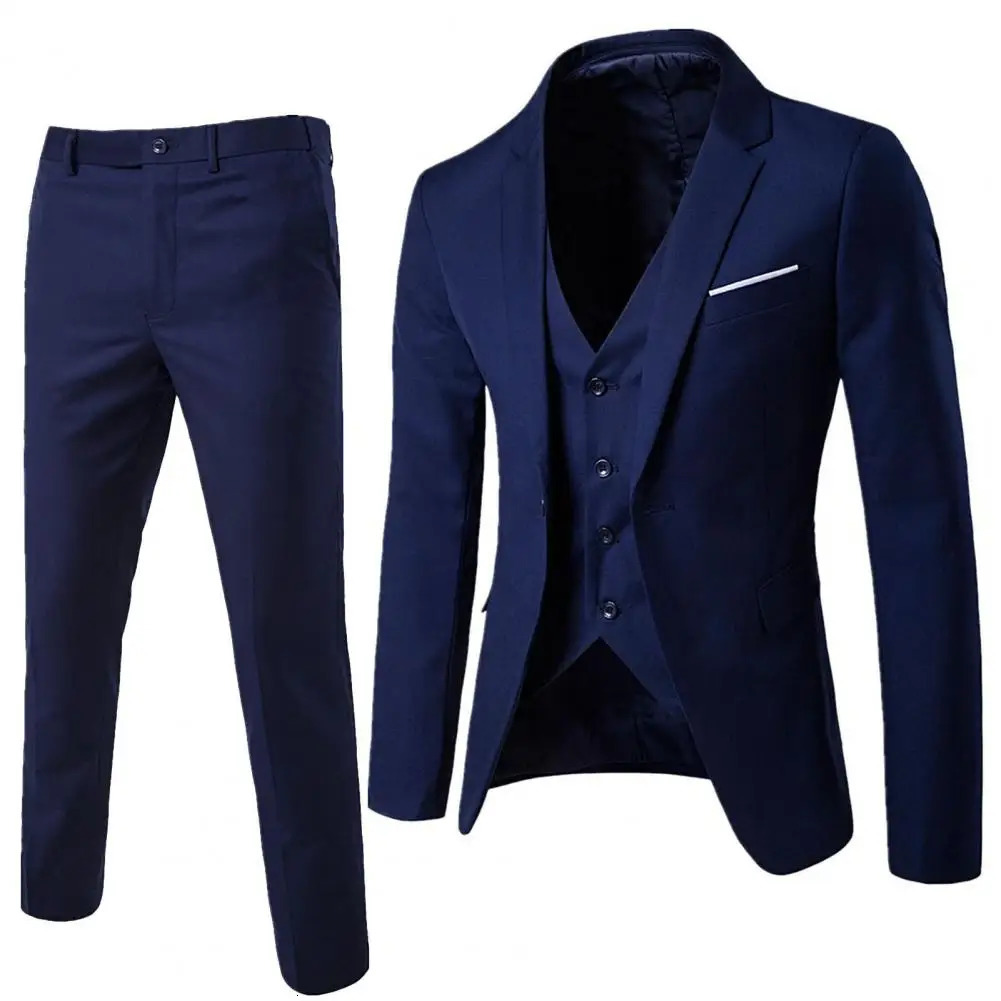 1 Set Men Blazer Vest Pants Solid Color Turndown Collar Groom Suit SingleBreasted Coat Zipper Clre Trousers 241220