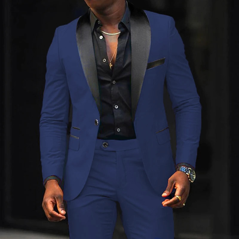 2024 Fashion Men Stretch Fabric Double Slit Solid Color Business Slim Dress Blazers Jacket Suit Coat Pants Trousers 2 Pcs Set 241220