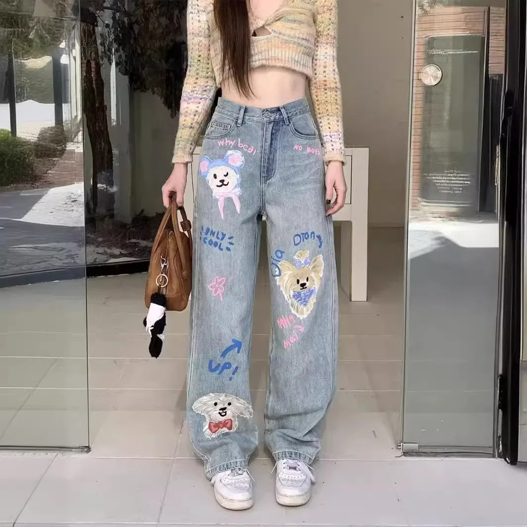 HighWaisted StraightLeg Denim Jeans Plus Size Womens LooseFit AgeReducing TieDye Printing Casual Trousers Floor Length 241218