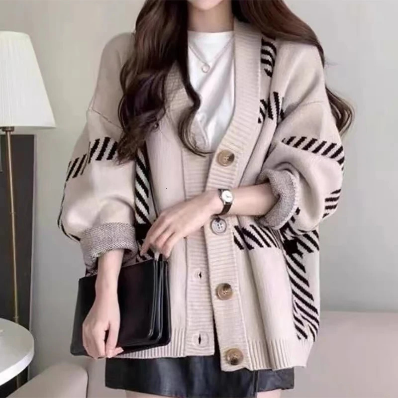 HELIAR Women Autumn Stripes Knitted Cardigan Sweater Loose Warm Buttons Up Coat Casual Office 2024 Winter 241220