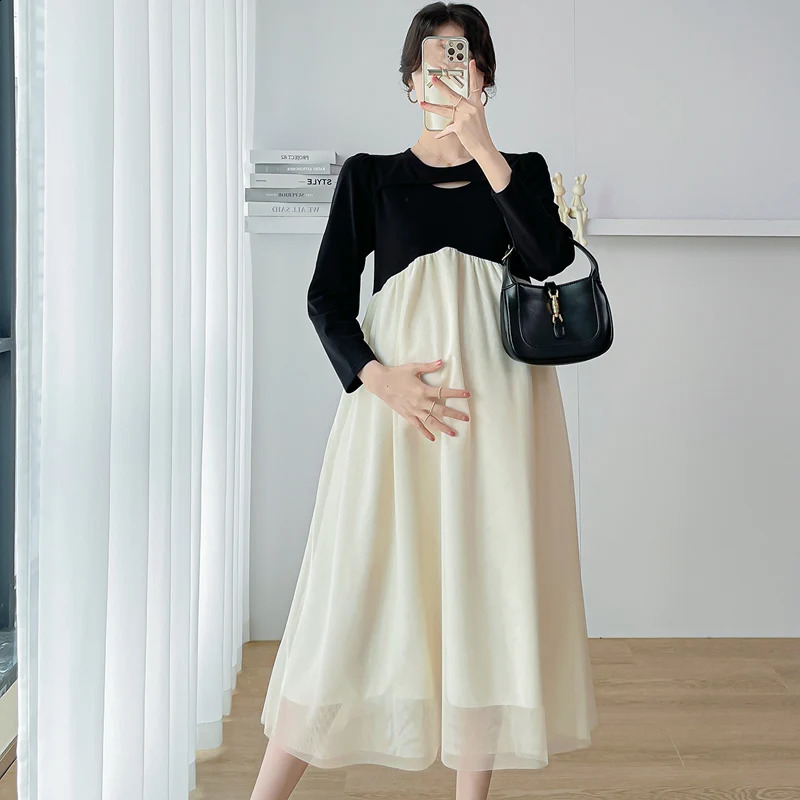 Fashion Maternity Autumn Chiffon Dress Ruffles Patchwork High Waist Block Color Pregnant Woman Chiffon Dress Princess Clothes 241223