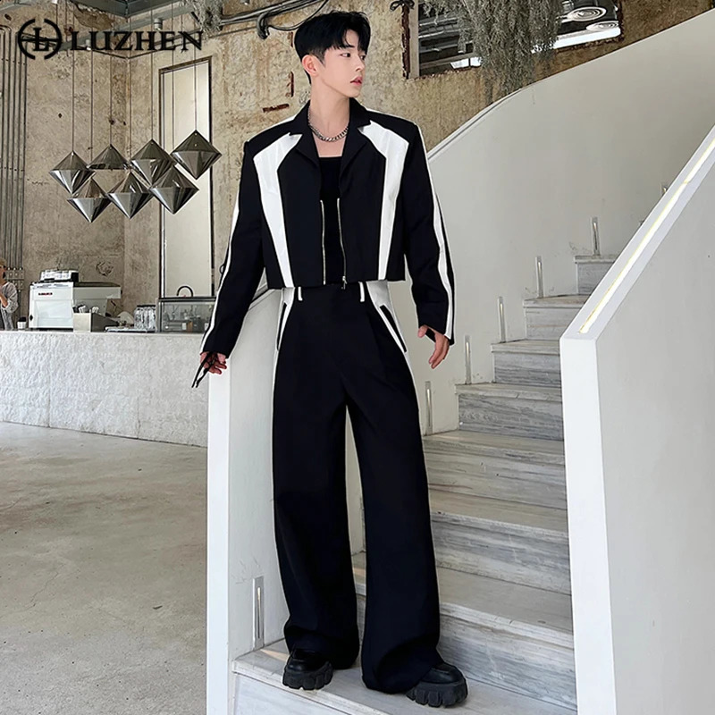 LUZHEN Korean Sets Niche Male Blazers Pu Leather Spliced Suit Coat Wide Leg Suit Pants Two Piece Mens Wear E92e01 241223