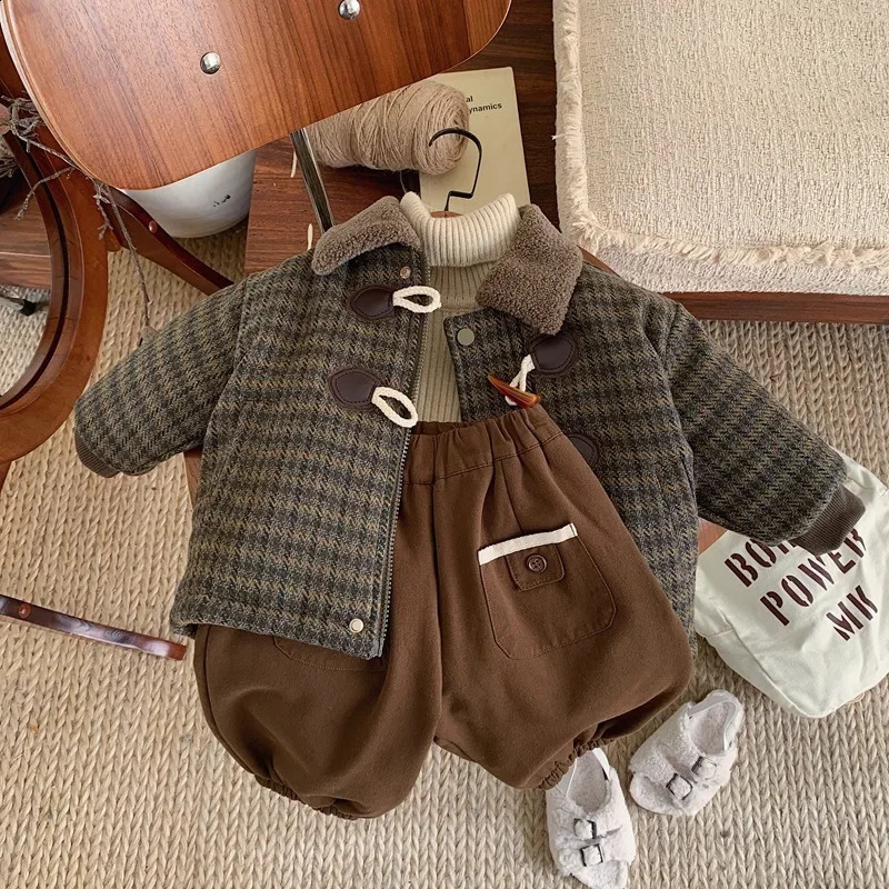 Kid Parkas Coats Children Horn Buckle Children Tweed Coat Boy Cotton Plaid Coat Baby Warm Autumn and Winter Thick Coat 241223