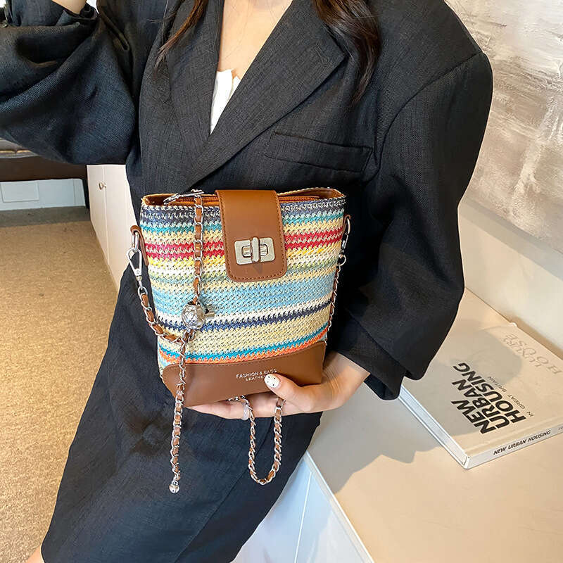 This year's popular straw bucket for women 2024 new fashionable summer rainbow woven crossbody phone bag