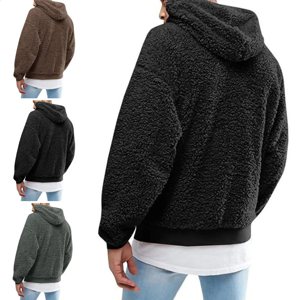 Winter mens solid color fluffy wool hooded jacket with floral insulation sportswear velvet hooded mens sweater 241223
