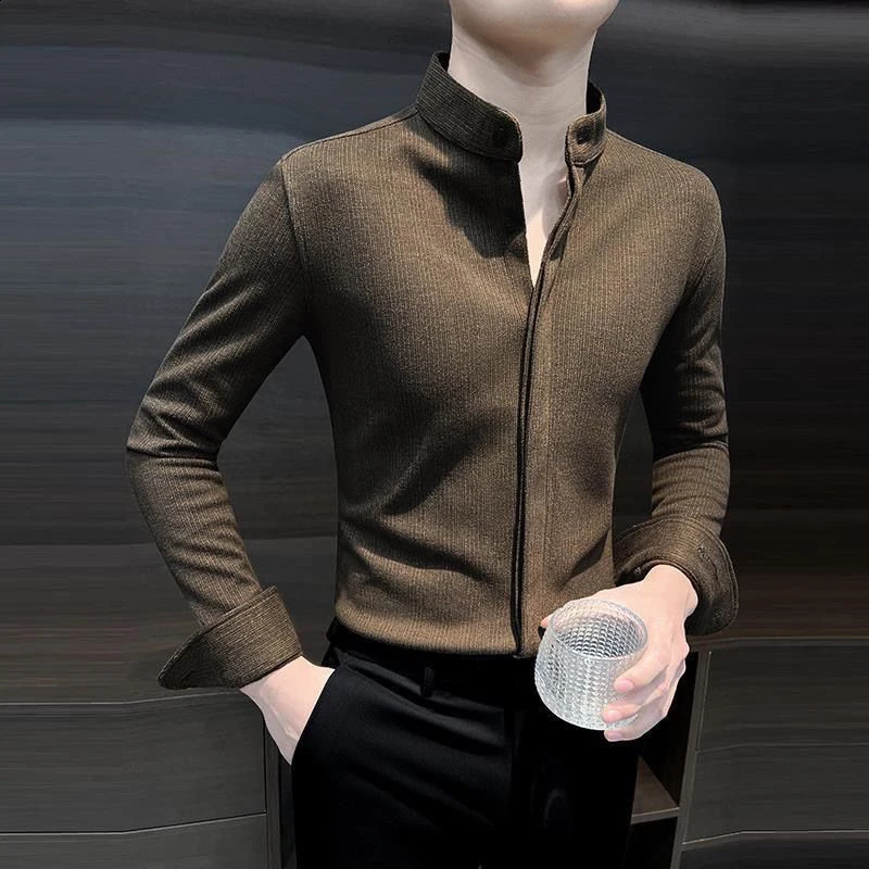 Spring Autumn Stand Collar Casual Fashion Woolen Shirt Male Long Sleeve Solid Color Buttons Business Bottomed Blouse Top Men 241223