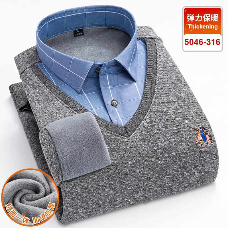 autumn and winter fleece thickened mens shirt long sleeve fake two warm high-quality non-ironing leisure slim fit 241223