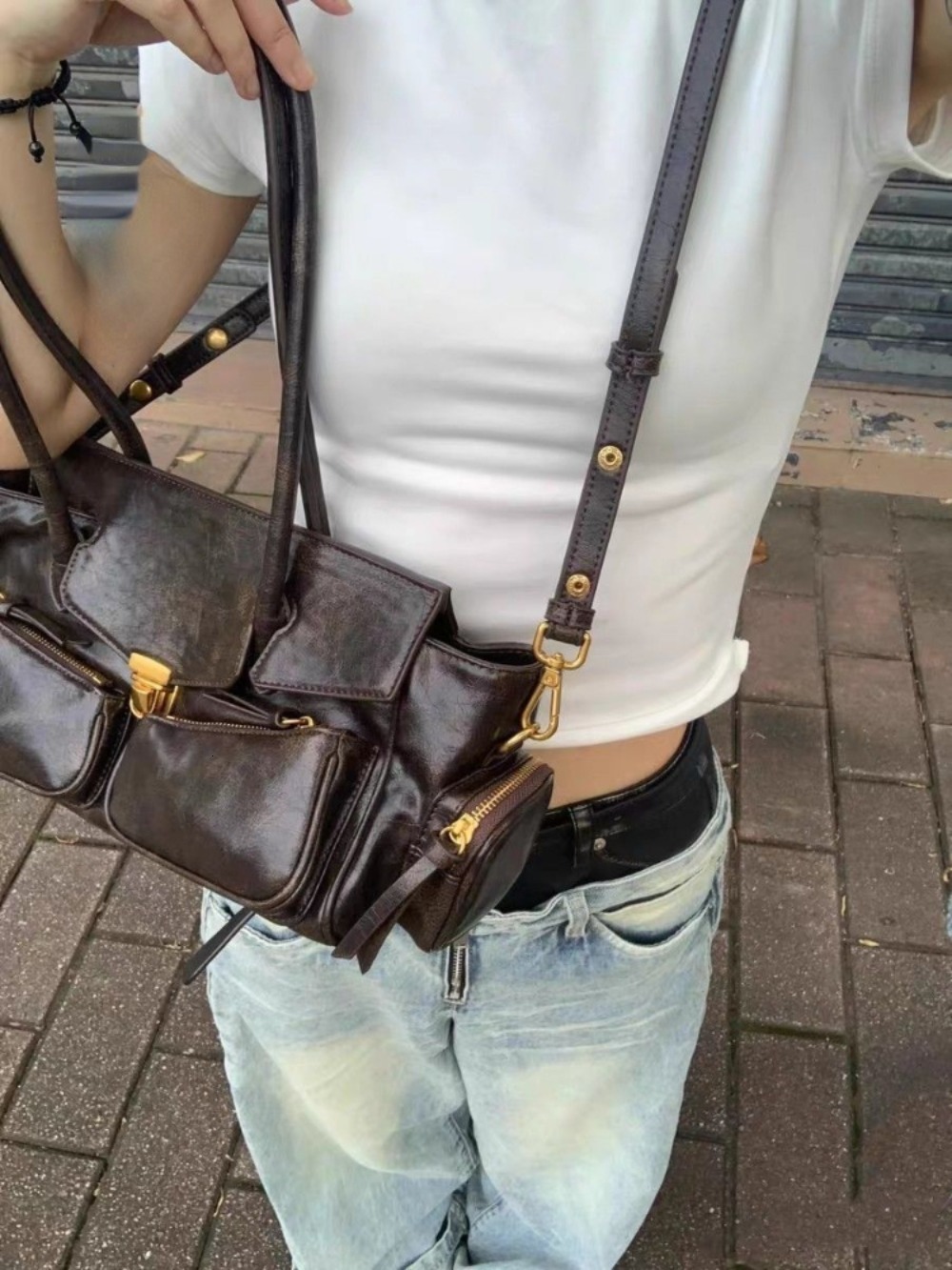 New Moto All-Match Multiple Pockets Handbags Senior Casual Vintage Commuter Shoulder Bag Large Capacity Haruku Single-Shoulder Genuine Leather