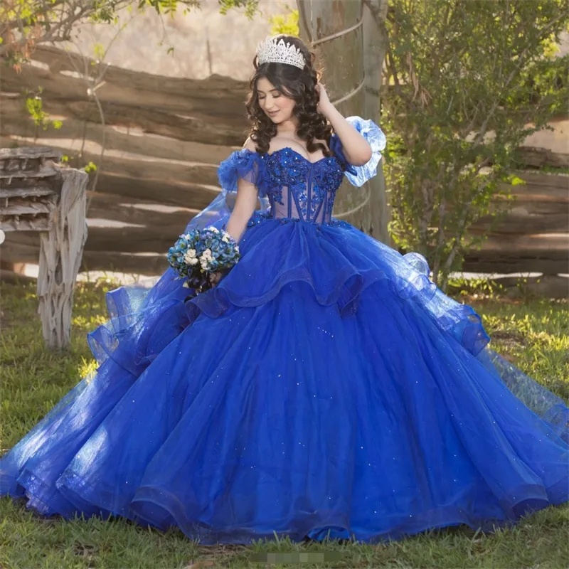 Blue Princess Quinceanera Dresses Off The Shoulder Long Ball Gown Prom Party Special Occasion Gowns Tiered Tulle Sweet 16 Dress Corset Back