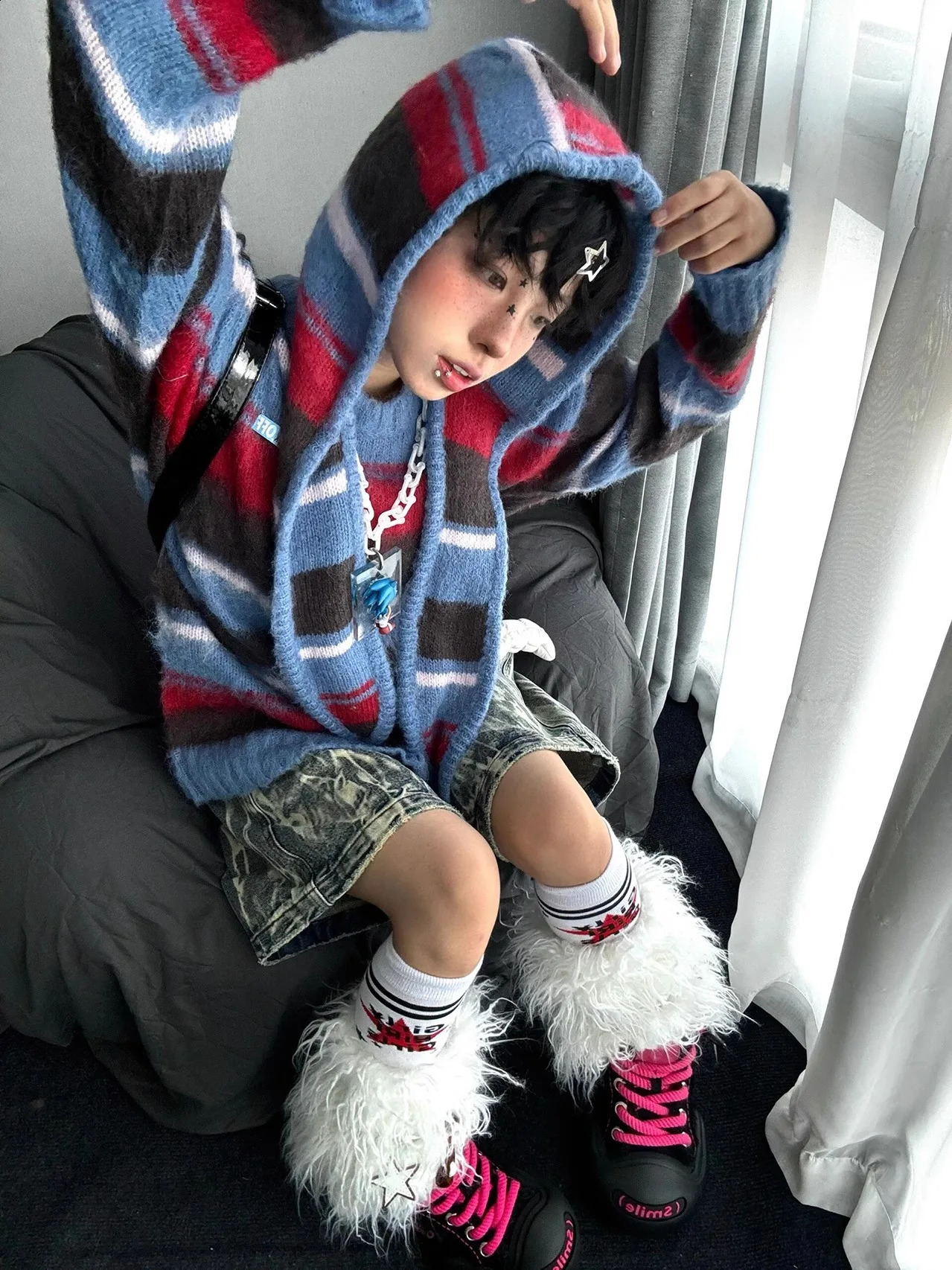 Genayooa Vintage Sweater Women Warm Patchwork Striped Pullovers Streetwear Y2k Japanese Sweaters With Hooded American Retro 90s 241223