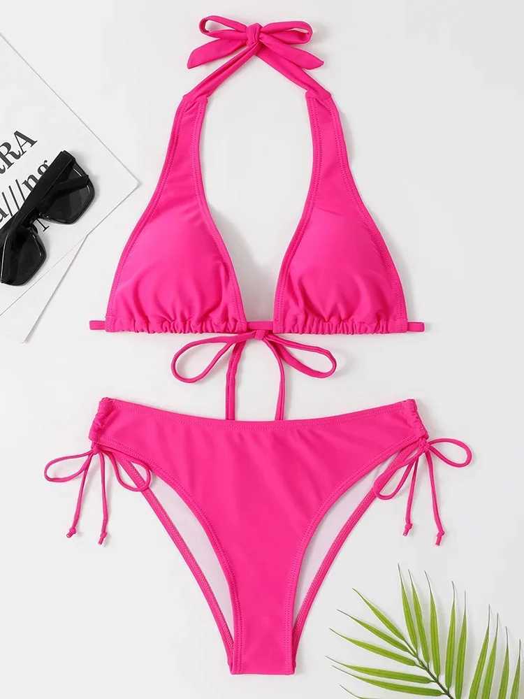 OIINAA Swimwear Women Sexy Halter Solid Bikini Set Drawstring Lace Up Swimsuit Bow Tie Biquinis Two-piece Bathing Suit SummerXJ241223