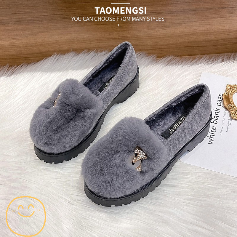 cozy rabbit fur flats 84ee8 rhie buckle plush moccasins crystal furry New loafers women winter cotton shoes ry
