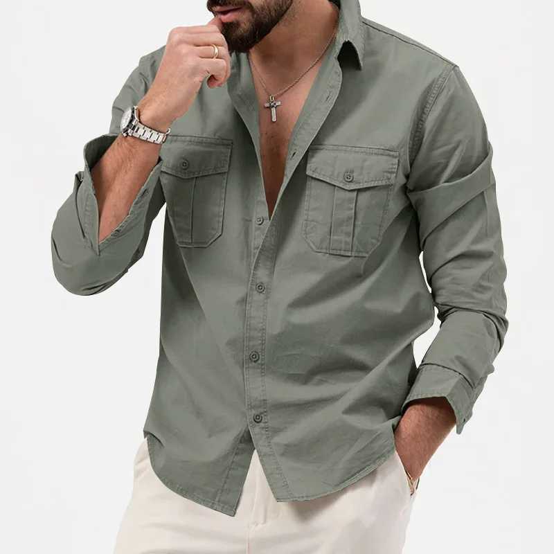 Mens cargo shirt long sleeved casual hiking nylon outdoor work shirt military style spring pocket button mens shirt W241223