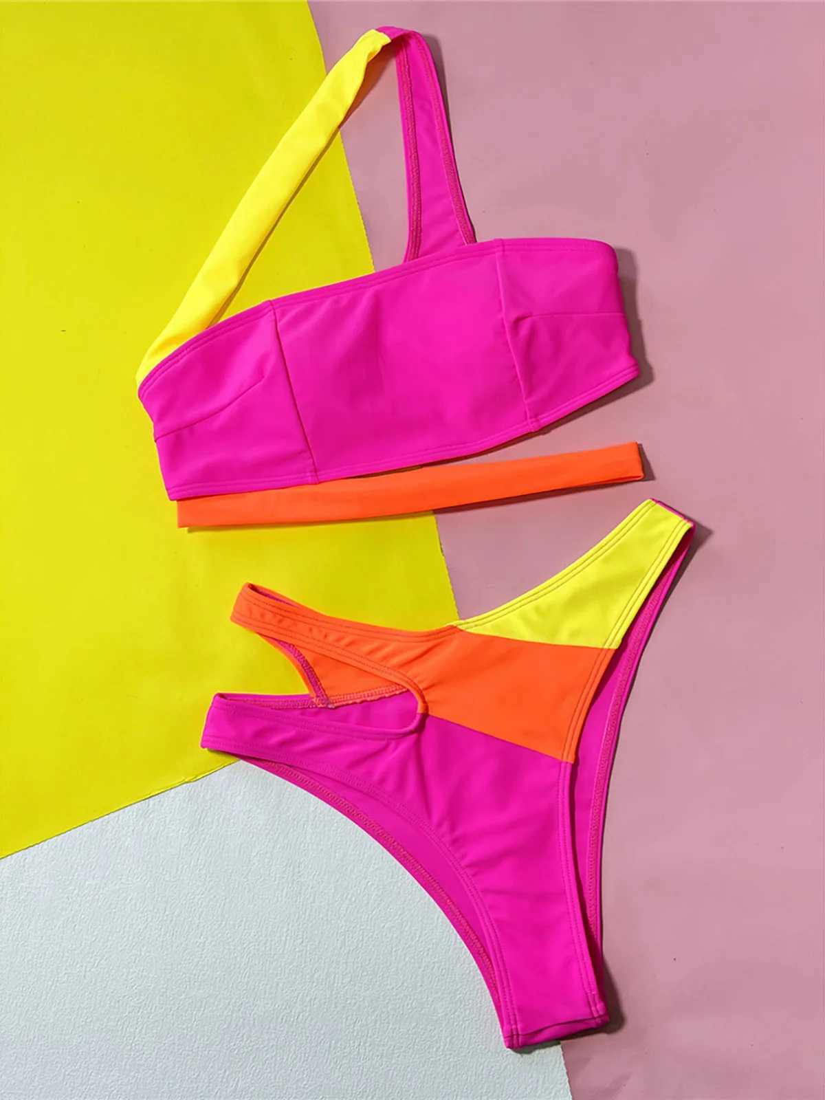 Sexy Splicing Asymmetric One Shoulder Bikini Female Swimsuit Women Swimwear Two-pieces Bikini set Bather Bathing Suit Swim K5395XJ241223