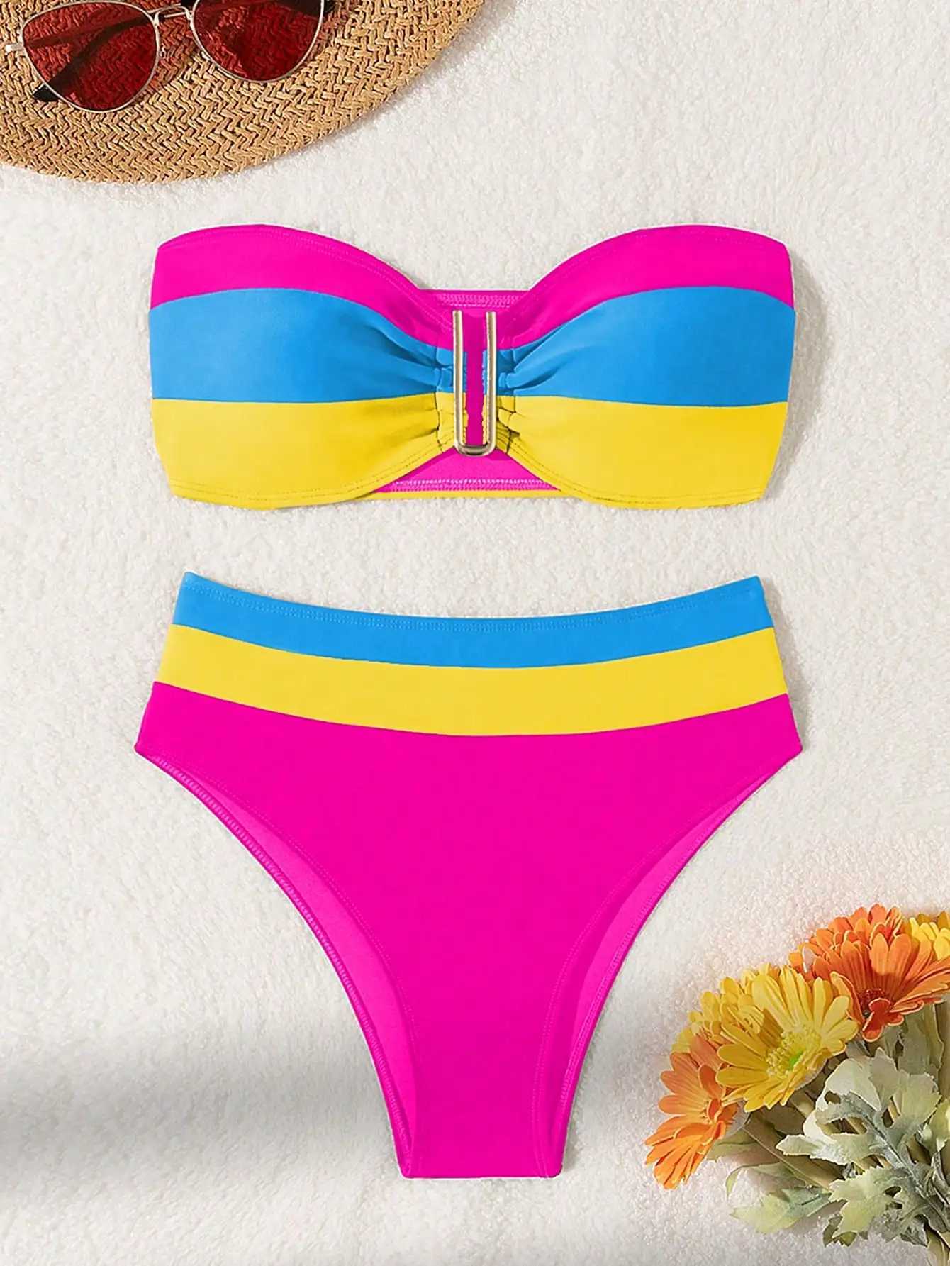 New solid color patchwork strapless split swimsuit set bikiniXJ241223