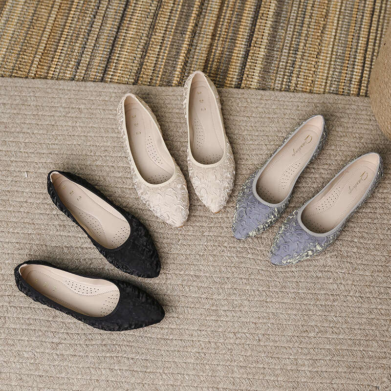 2023 Autumn Black Single Women's Pointed Silk Ladle Shoes, Bow Tie Flat Bottom Footwear, Shallow Mouth Evening Shoes