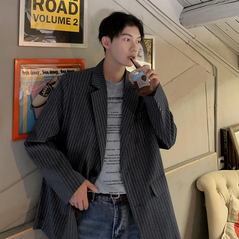 y2k Striped Suit Jacket High Street Trendy All-match Loose Casual men blazer slim fit mens jacket men clothing blazer men 241220
