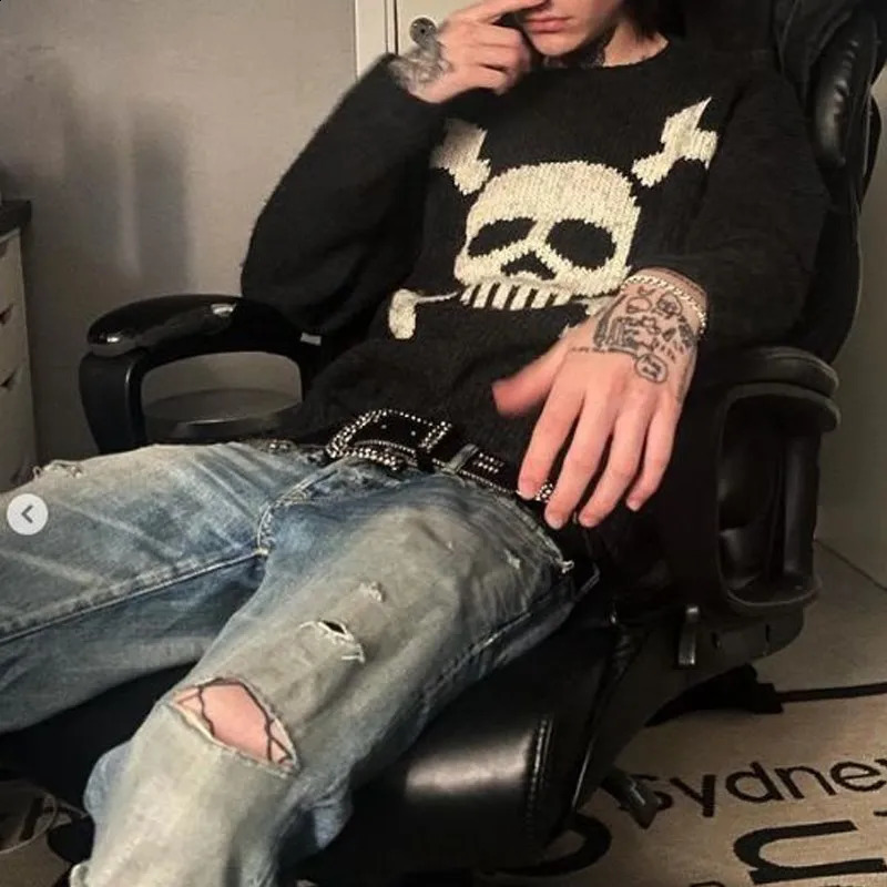 Gothic Sweater Skull Graphic Knitwear Hip Hop Punk Mens Pullover Retro Vintage Long Sleeve Womens Top Oversize Y2K Clothes 90s 241220
