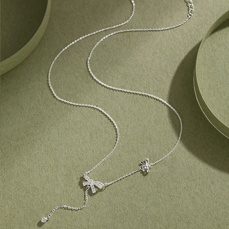 Niche S999 sterling silver bow necklace womens light tassel clavicle chain gift 241220