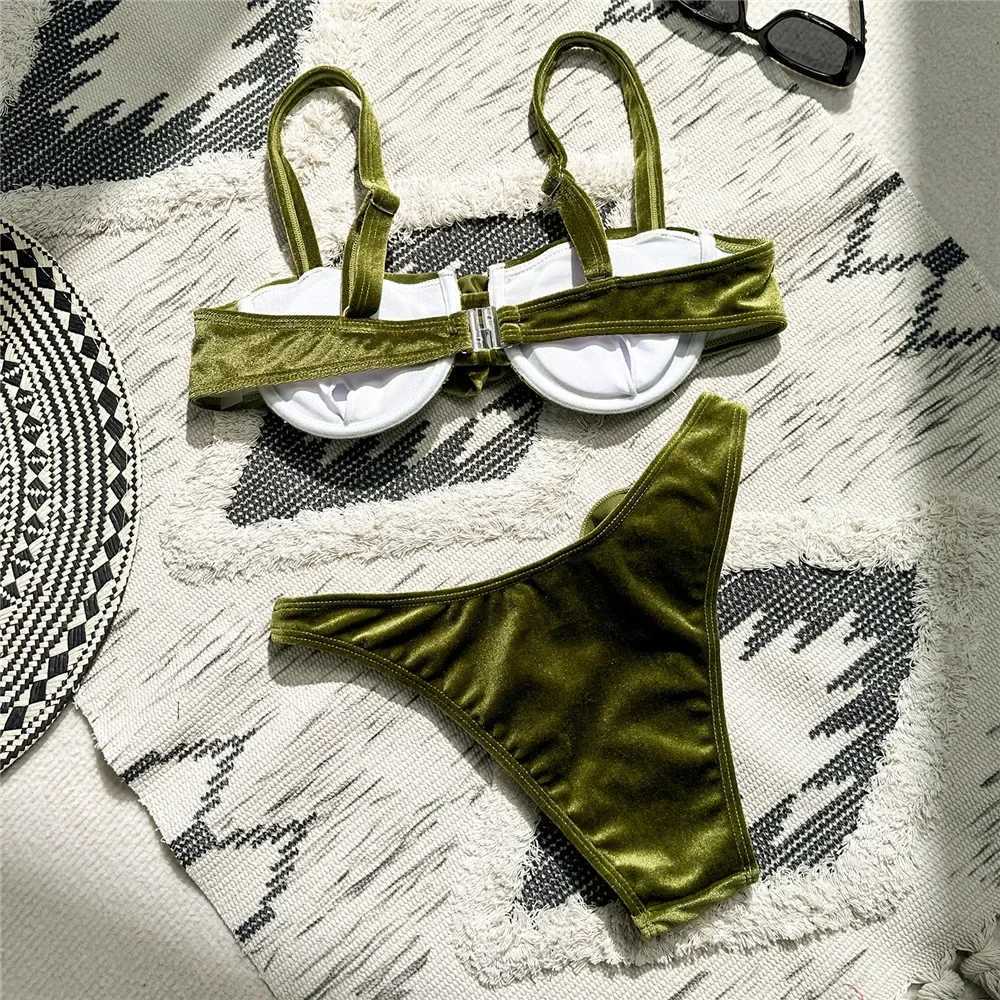 Sexy Green Velvet 3D Flower Swimwear Push Up Bikinis Sets Swimsuit 2024 Women Underwired Bathing Suit Thong Bikini Mujer BiquiniXJ241223