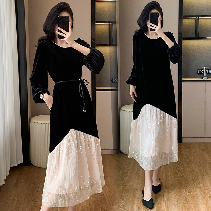 G1127 Autumn and winter base velvet dress Starry Galaxy shiny splicing velvet large size dress for women
