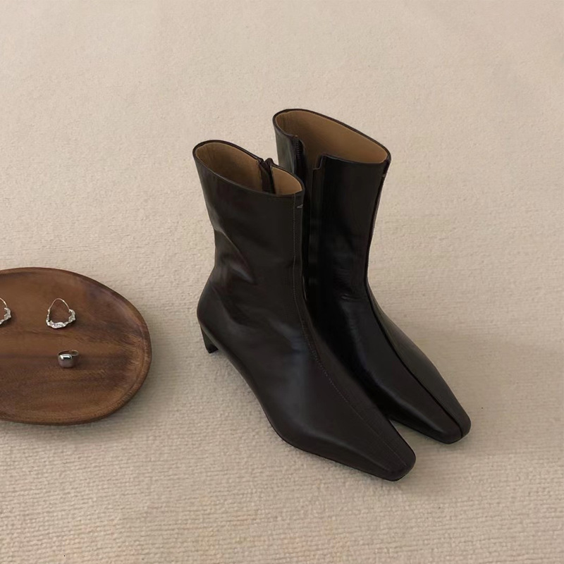 Cowhide Edition~Small Square Head Low Women's French Short Genuine Leather Cat Heel Thin Boots