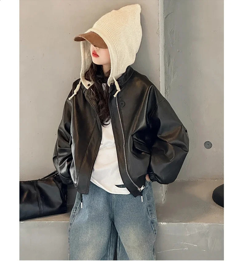 Girls Leather Jacket Hooded Jacket Autumn Stylish Children Clothing Long Sleeved Jacket Top for Baby Girls 241223