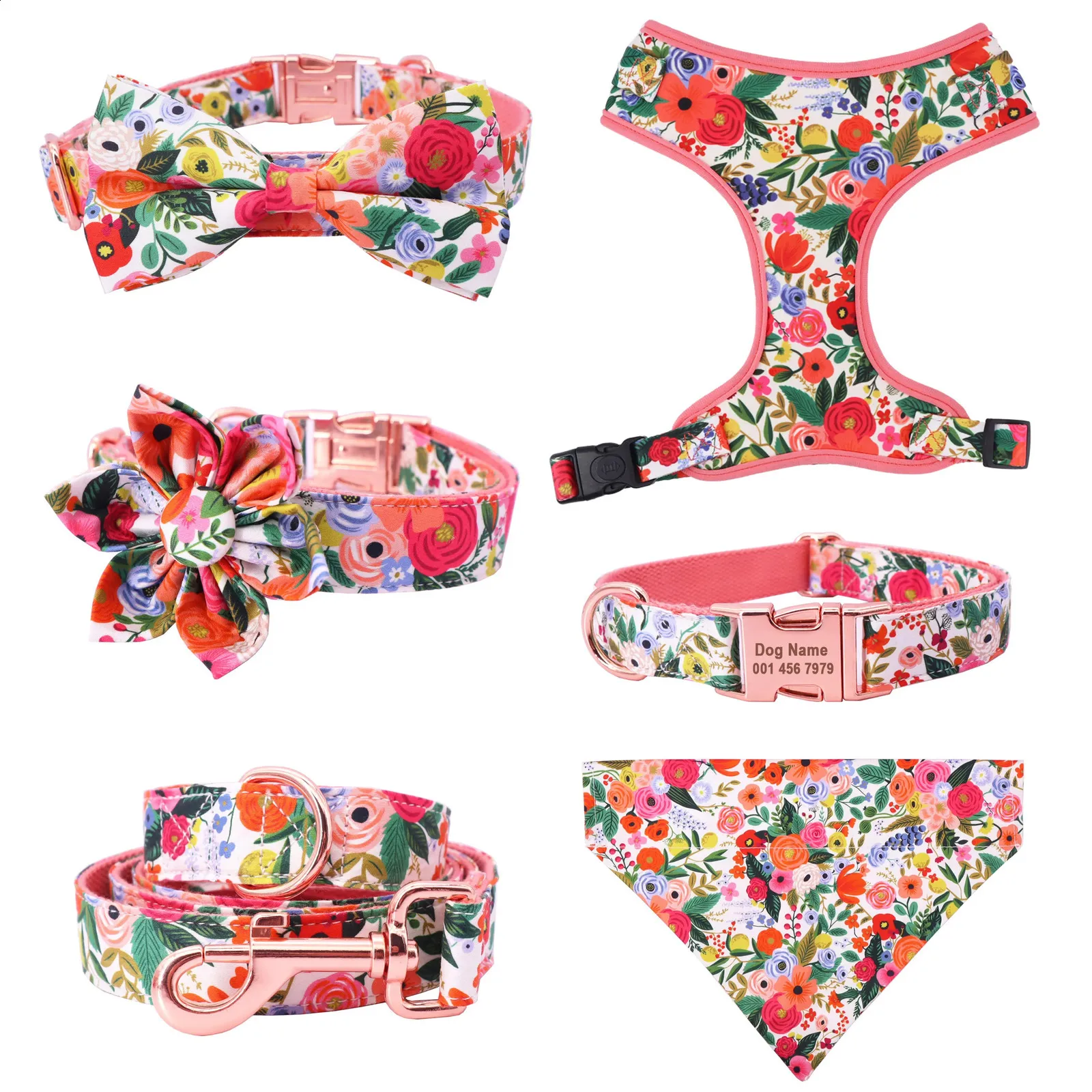 Classical Floral Dog Harness Collar Flower Matching leash Bandana Shampoo Bag with Personalized Name Telphone