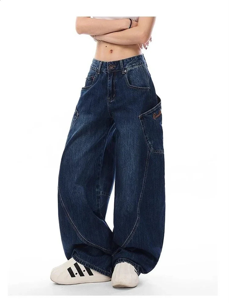 Womens Baggy Wideleg Vintage Blue Style Pants Cool Girl Fashion Jeans Bottoms Female High Waist Straight Large Pocket Trousers 241218