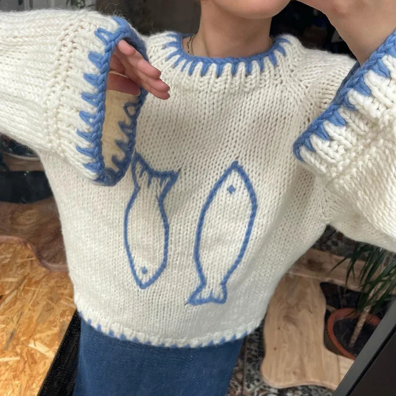Y2K Aesthetic Fish Contrast Color Warm Sweater for Fall Winter Knitwear Knitted Sweater Vintage Long Sleeve Crew Neck Pullover 241223