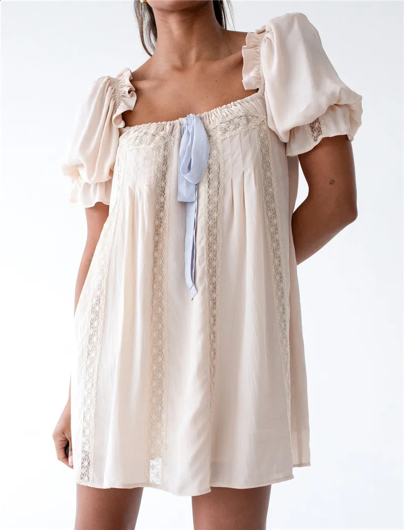 Gaono Womens Cute doll Mini Dress Y2k Square Collar Bow Tassel Dress Fairy Sweetheart Puff Short Sleeve Sundress Summer 241223