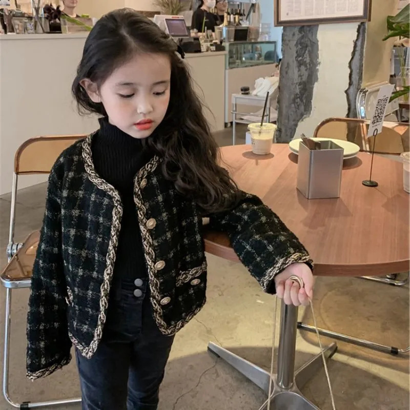 Spring Autumn Womens Childrens Tweed Style Jacket Round Neck Thick Sequin Coat Kids Outerwear High Quality E18 241223