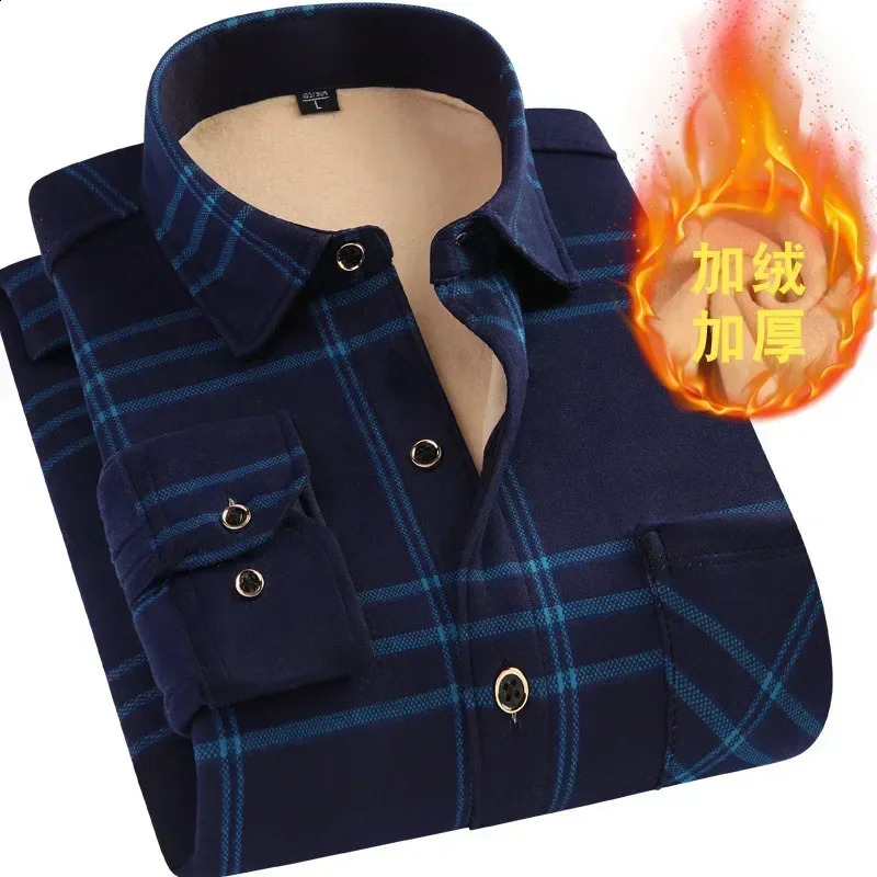 Autumn Winter Warm Plaid Shirts For Men Thick Velvet Long Sleeve Shirt Tops Slim Casual Business Male Jacket Thick Warm Outwear 241223