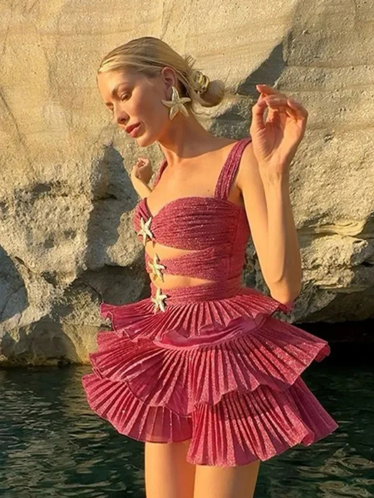Hollow Out Starfish Sequin Slim Dresses Womens Sleeveless Backless Ruffle Hem Mini Vestidos Fashion Club Party Holiday Dress 241223