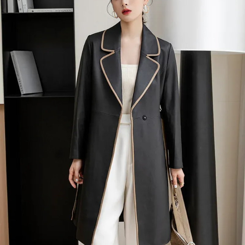 Autumn Winter Womens Sheepskin Long Coat Lace Up Windbreaker Genuine Leather Coat Mid Length Overcoat