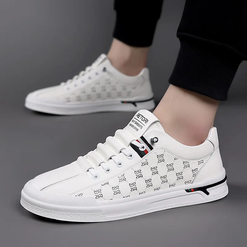Spring New For Men Genuine Leather Casual Fashion Knurg Flat Skateboard Shoes Youth Lace-up Sneakers