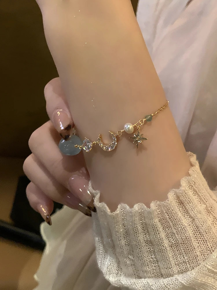Blue Love Vintage Aquamarine Pearl Bracelet Trendy Summer Sweet Fashion Hand Chain Jewelry Accessories 241220