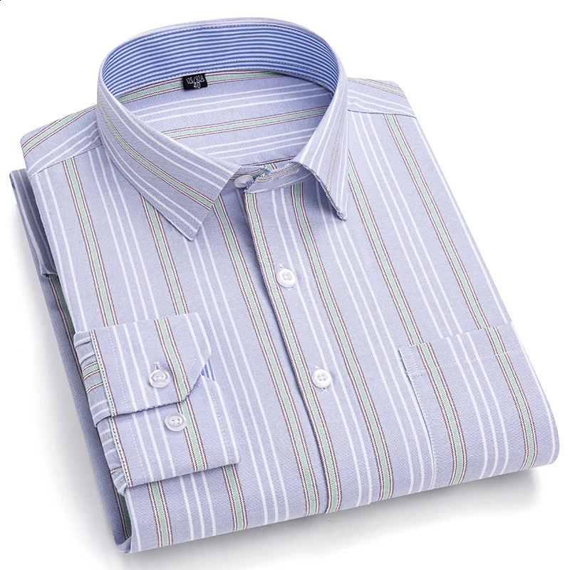 Mens Social Shirt Long Sleeves 100% Pure Cotton Oxford Soft Buttoned Plaid Formal Male Clothes Pocket Social Shirt S-7XL 241223