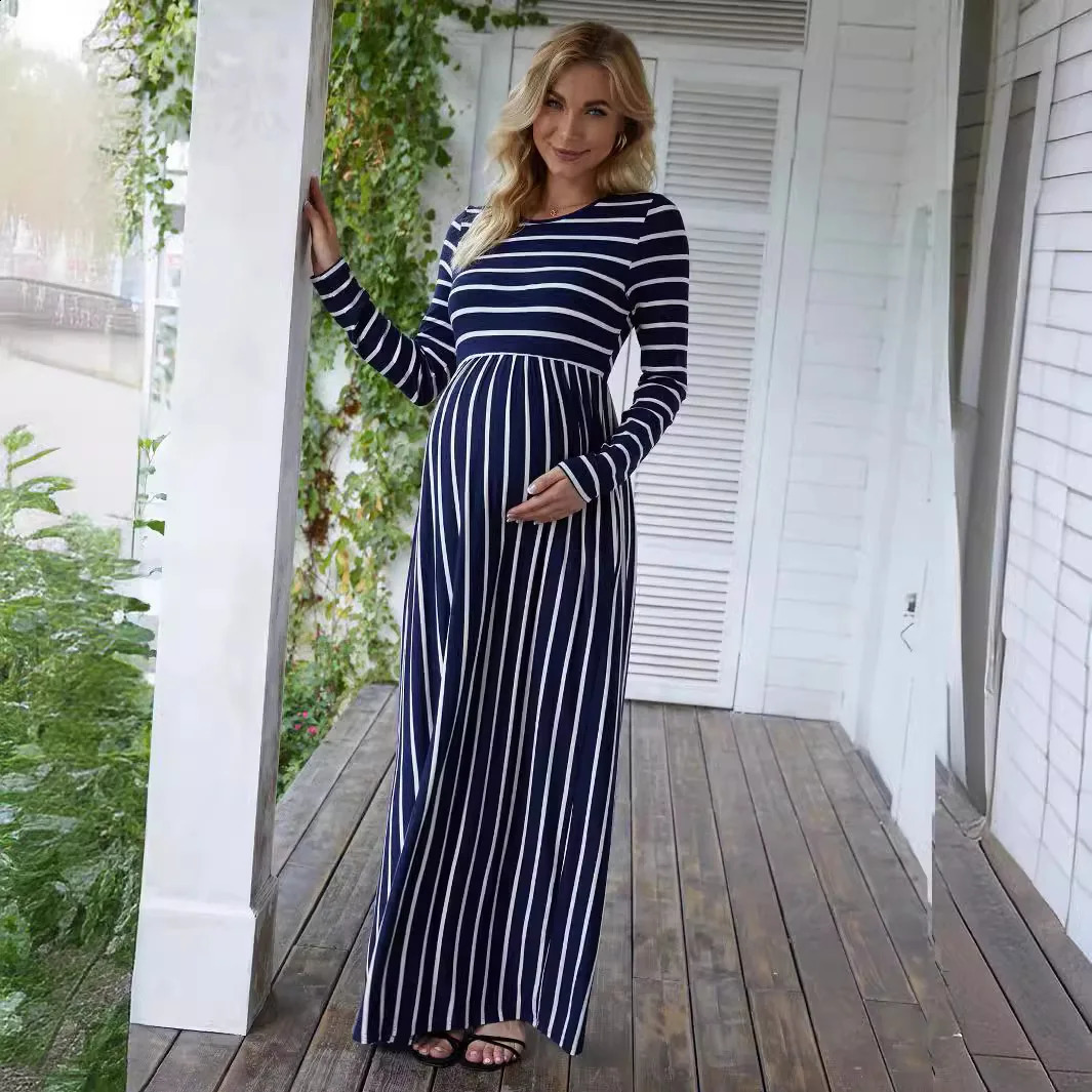 Clothes for Pregnant Women Maternity Dress Spring Autumn Striped Round Neck Long Sleeve Elegance Long Skirt Mom Casual Clothing 241223